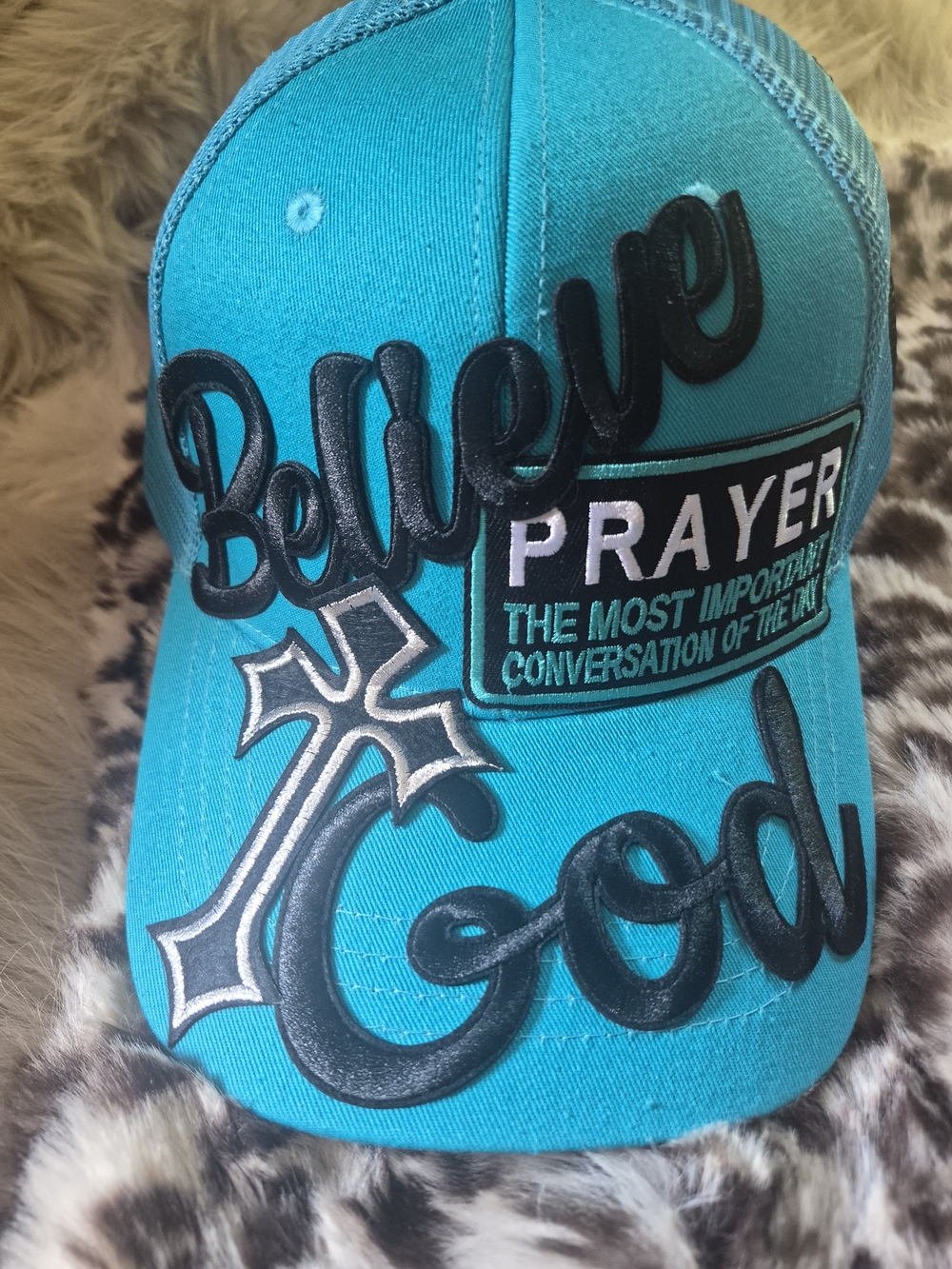 Believe in God Trucker Cap - Turquoise with Black and Silver Embroidery